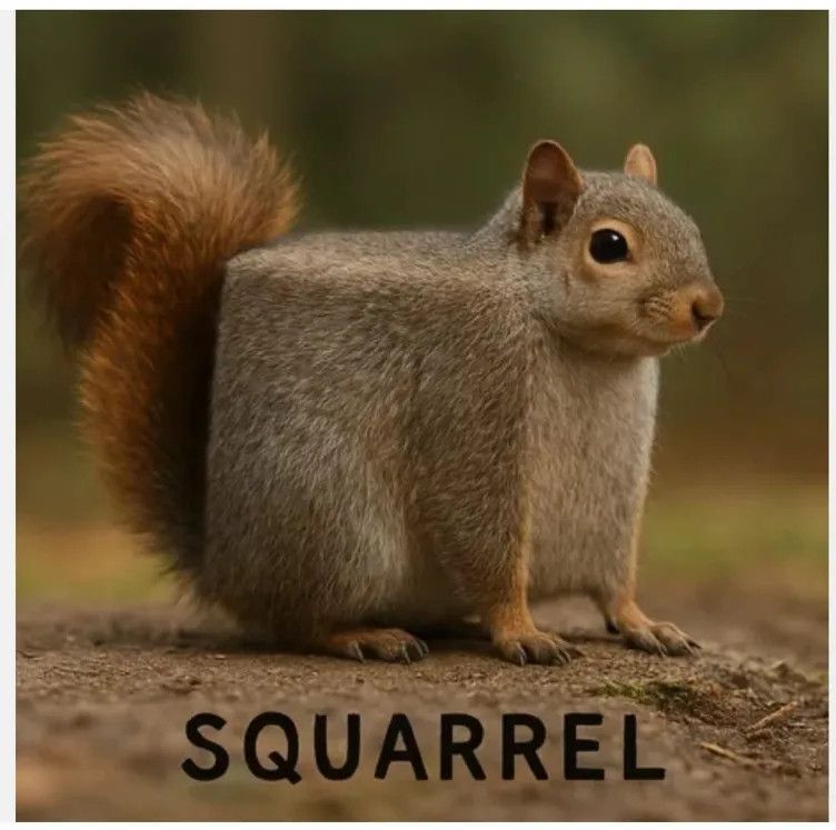 A very cute squirrel whose body has been realistically edited to appear cube-shaped, labeled "squarrel." I would hug him and squeeze him and call him George.