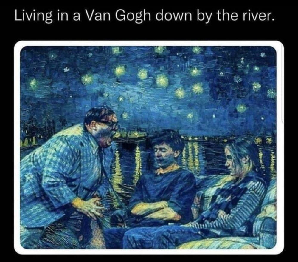 The classic Saturday Night Live sketch in which Chris Farley threatens misbehaving teens, but painted in a distinct artistic style. Caption: Living in a Van Gogh down by the river.