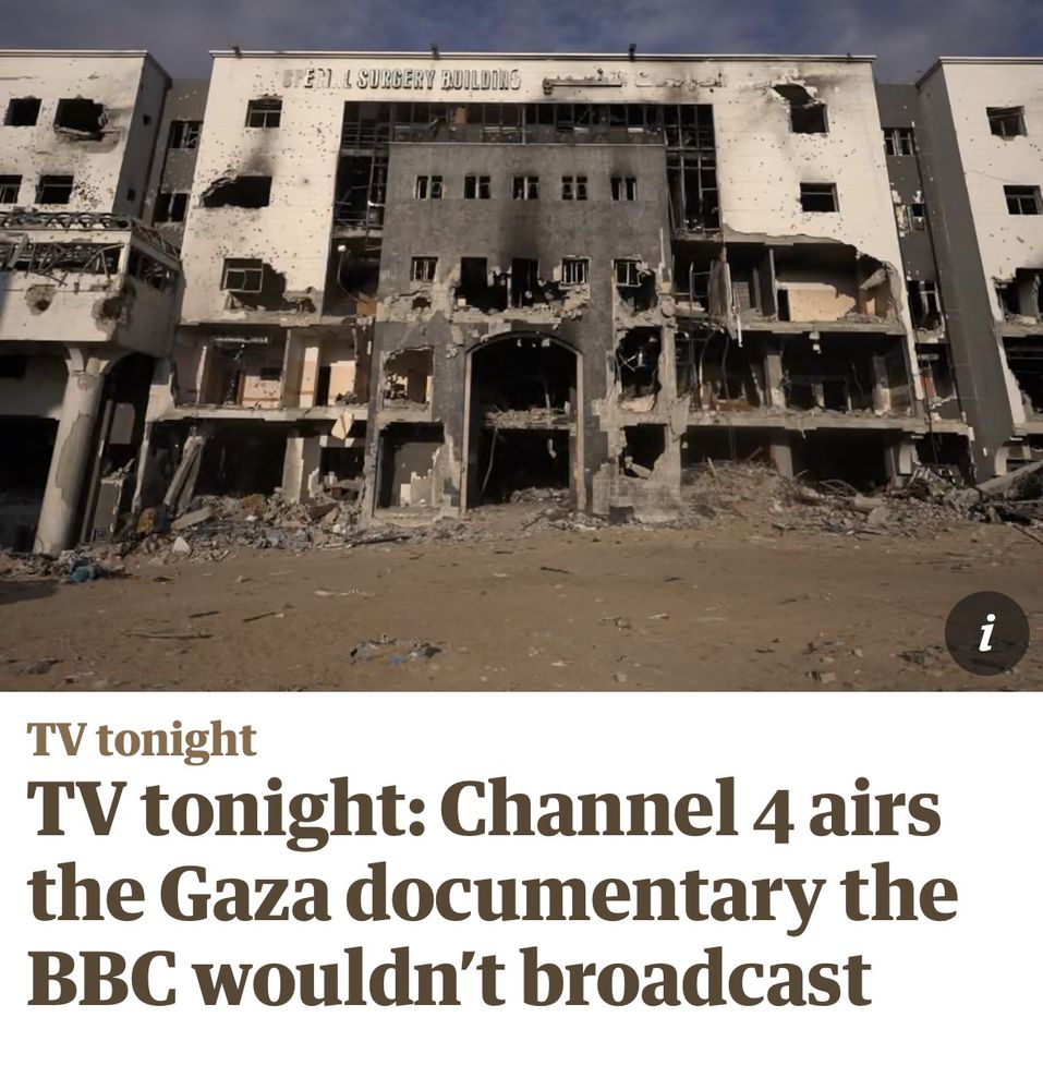 Picture of a bombed out building. Text below reads: 
TV tonight: Channel 4 airs the Gaza documentary the
BBC wouldn't broadcast