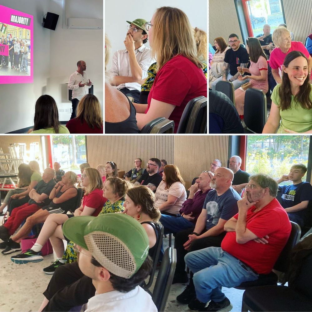 Collage of four photos, each depicting crowd of around 30 people watching a presentation in a sunny room