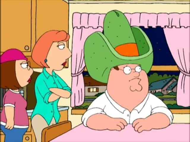 Peter griffin wearing a big green cactus hat with a orange stripe