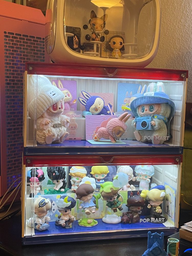 DIMOO display cases filled with Labubu figurines, plushes, a few Skullpanda figurines, and lots of Dimoo figurines.