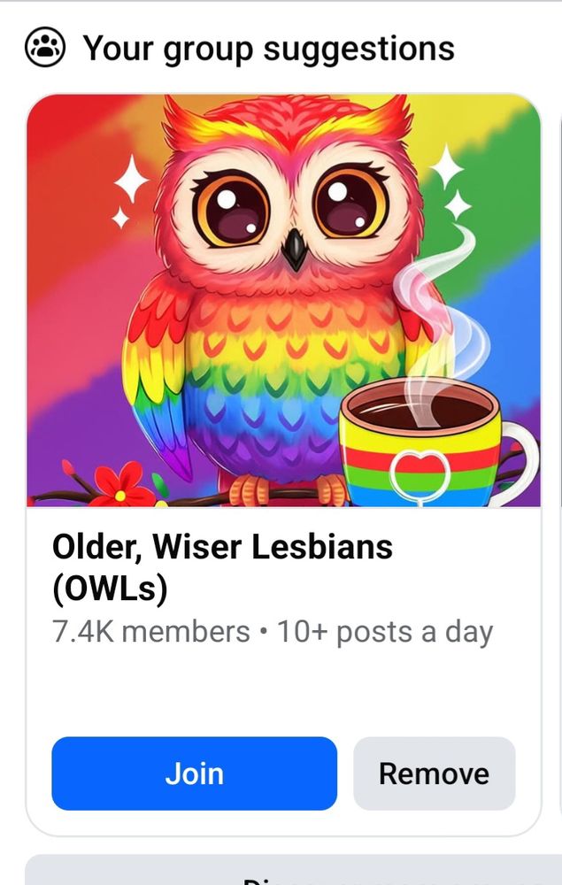 A group suggestion from Facebook: OWLs (Older, Wiser Lesbians). The group's logo is a cute rainbow-shaded cartoon owl, with a mug of coffee in the foreground.