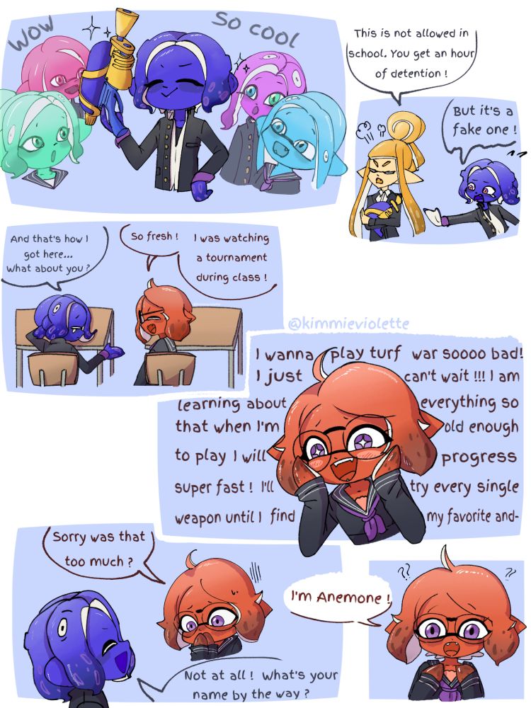 Smol Hiro brings a fake splattershot to school and gets sent to detention where he meets Anemone