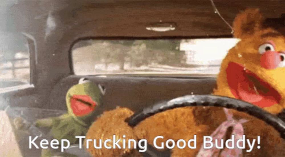 kermit the frog and fozzie bear are driving a car with the words " keep trucking good buddy "