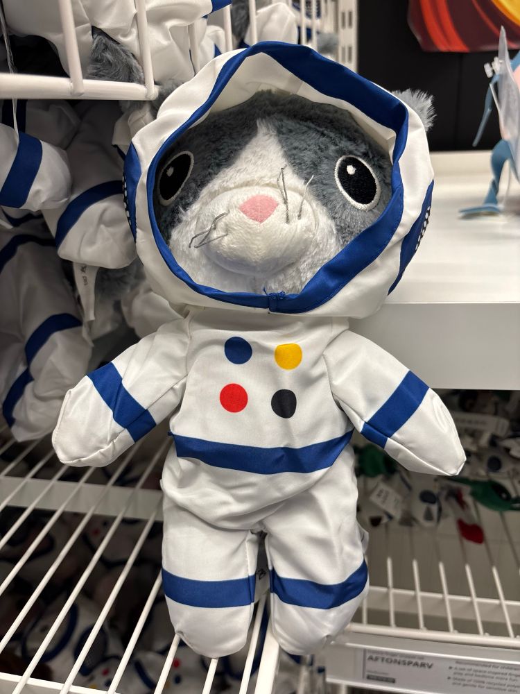 Kids gray & white kitty stuffie toy dressed in an astronaut suit