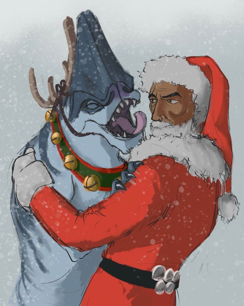 Batcher is on her hind legs jumping on crosshair. She has a collar with sleigh bells on and an antler on top of her head. She looks happy. Crosshair is dressed in red and white garbs like Santa and is hugging batcher with a slightly smile on his bearded face. There is snow falling around them both. 