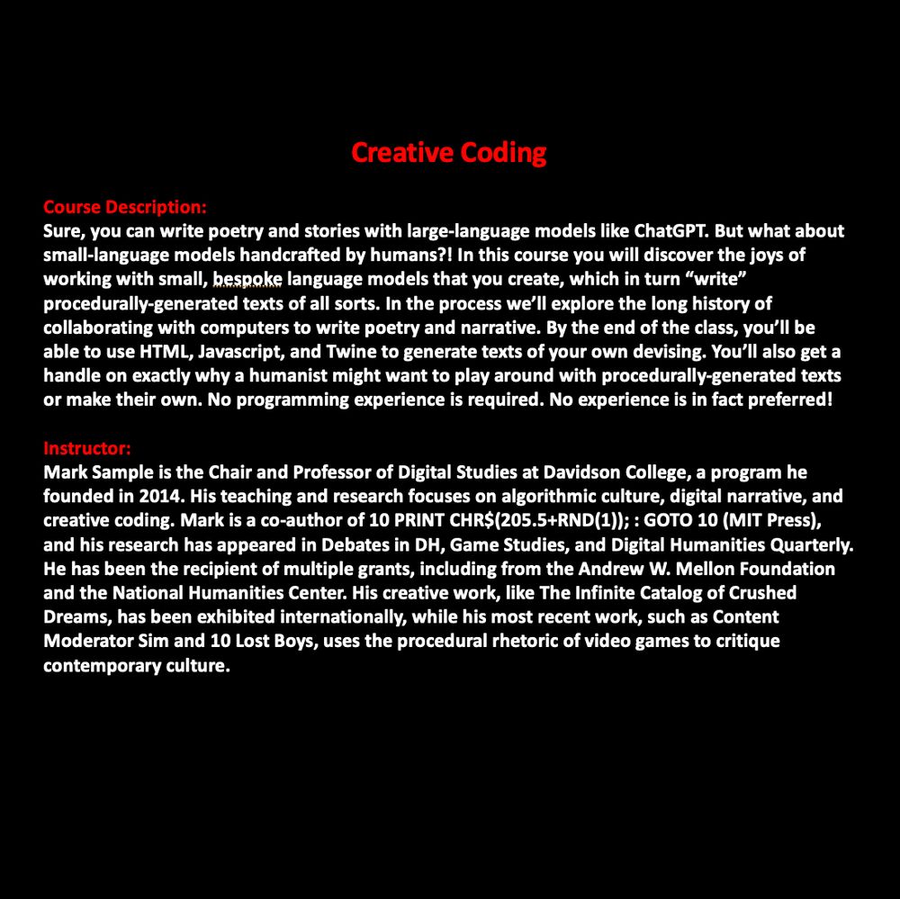 Course description and instructor bio. Too long for alt text but can be found at https://bit.ly/CreativeCoding2024