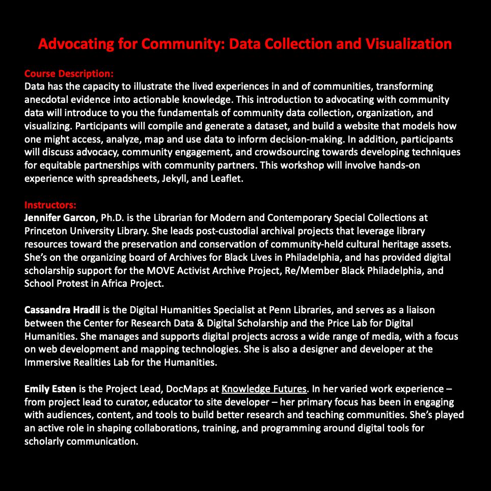 Full text of the course description and instructor bios. It's too long for the alt-text but you can find it here: https://bit.ly/DreamLab2024_AdvocatingForCommunity