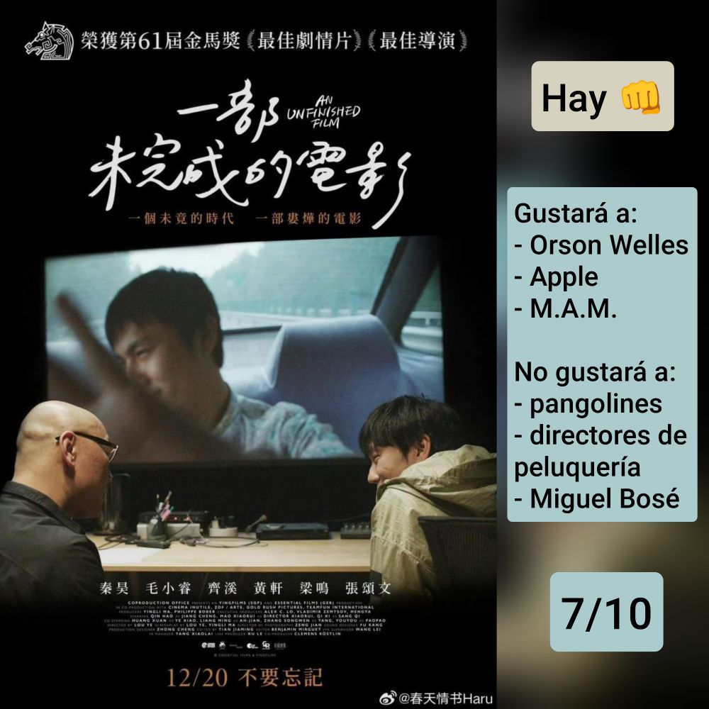 Carátula de «Una película inacabada» (Singapur 2024) de Lou ye, con Qin Hao y Mao Xiaorui

Hay piños

Gustará a: Orson Welles, Apple, M.A.M.
No gustará a: pangolines, directores de peluquería, Miguel Bosé

7/10