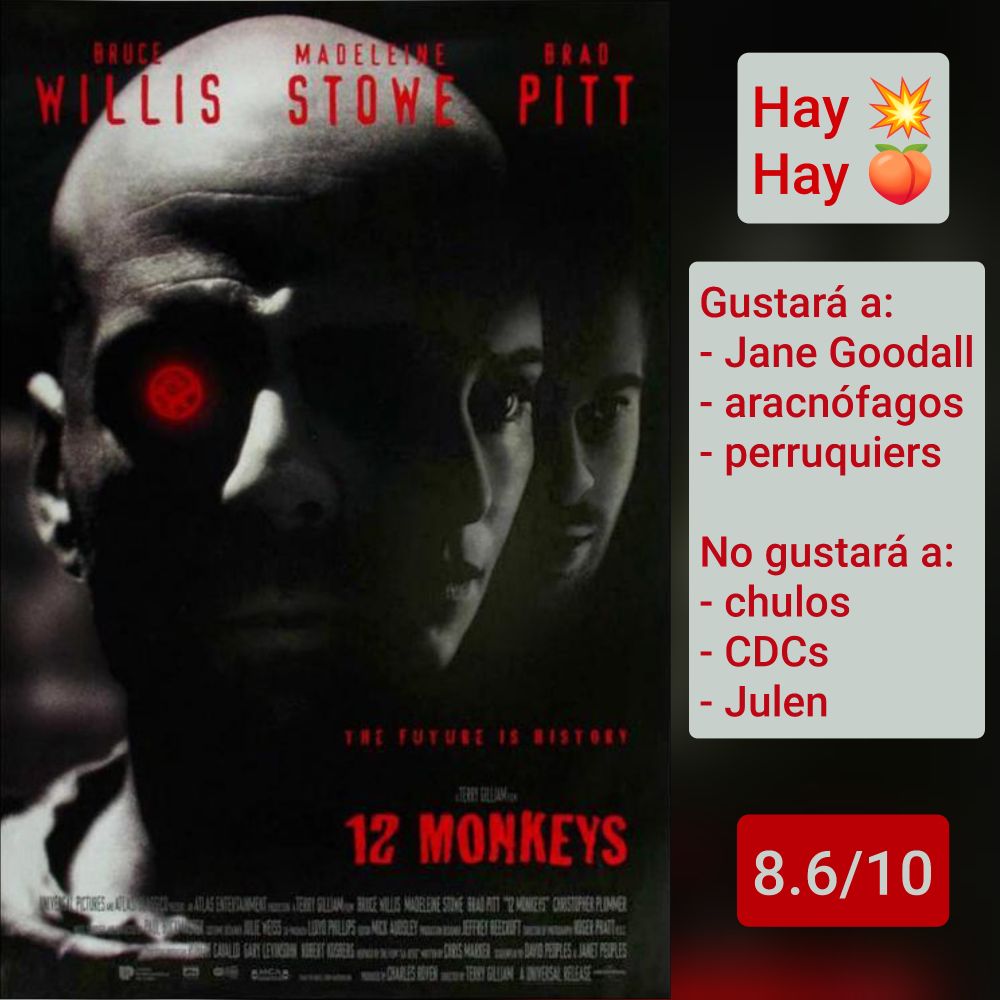 Carátula de «12 monos» (USA 1995) de Terry Gilliam, con Bruce Willis y Madeleine Stowe

Hay tiros. Hay culos

Gustará a: Jane Goodall, aracnófagos, perruquiers
No gustará a: chulos, CDCs, Julen

8.6/10