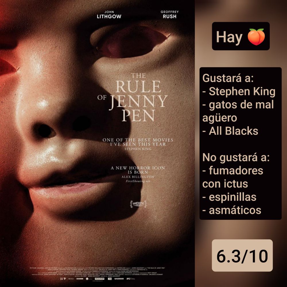 Carátula de «La ley de Jenny Pen» (Nueva Zelanda 2024) de James Ashcroft, con John Lithgow y Geoffrey Rush

Hay culos

Gustará a: Stephen King, gatos de mal agüero, All Blacks
No gustará a: fumadores con ictus, espinillas, asmáticos

6.3/10