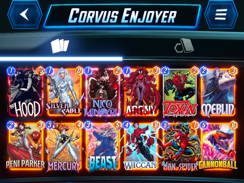 Corvus Enjoyer's golden gauntlet deck:

# (1) The Hood
# (1) Silver Sable
# (1) Nico Minoru
# (1) Agony
# (2) Toxin
# (2) Merlin
# (2) Peni Parker
# (3) Mercury
# (3) Beast
# (4) Wiccan
# (5) Man-Spider
# (5) Cannonball
#
SGQ0LE5jTW5yQSxUeG41LFNsdnJTYmxCLE1ybG42LE1yY3I3LENubm5ibGxBLFdjY242LFBuUHJrckEsQWduNSxCc3Q1LE1uU3Bkcjk=
#
# To use this deck, copy it to your clipboard and paste it from the deck editing menu in MARVEL SNAP.