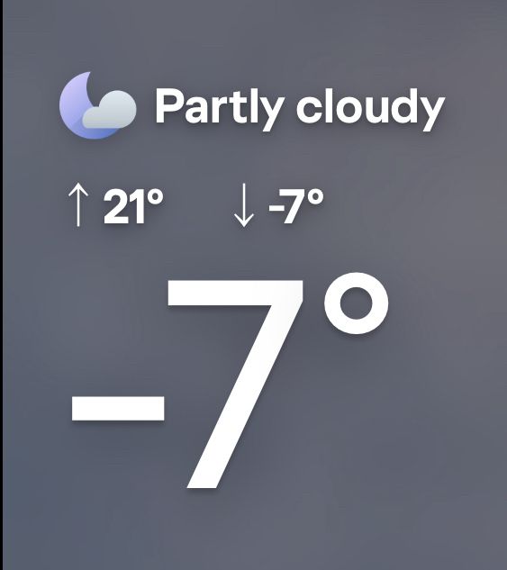 Partly cloudy -7  degrees with forecast high of 21 degrees and a forecast low of -7 degrees