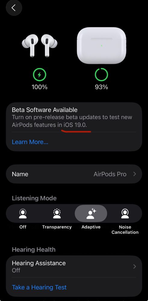 on ios 26 beta, showing “ios 19.0” in the airpods settings