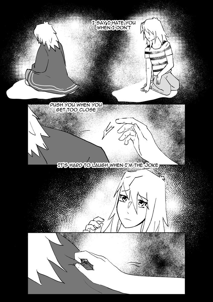 Ryou and Thief King Bakura are both sitting. TKB is showing his back. He hits Ryou's hand when his host tries to reach out at first, but Ryou insists and grab his coat.
Lyrics of good things go: 
Say I hate you when I don't
Push you when you get too close
It's hard to laugh when I'm the joke