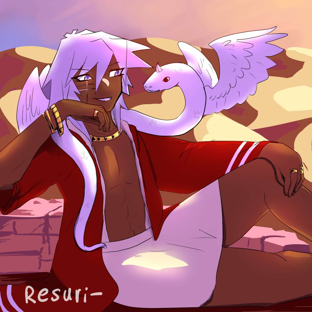 A drawing of Thief King Bakura sitting in the desert. He has Diabound as a winged snake around his shoulders, and the sky is colored in blue, pink and yellow as the sun is rising.