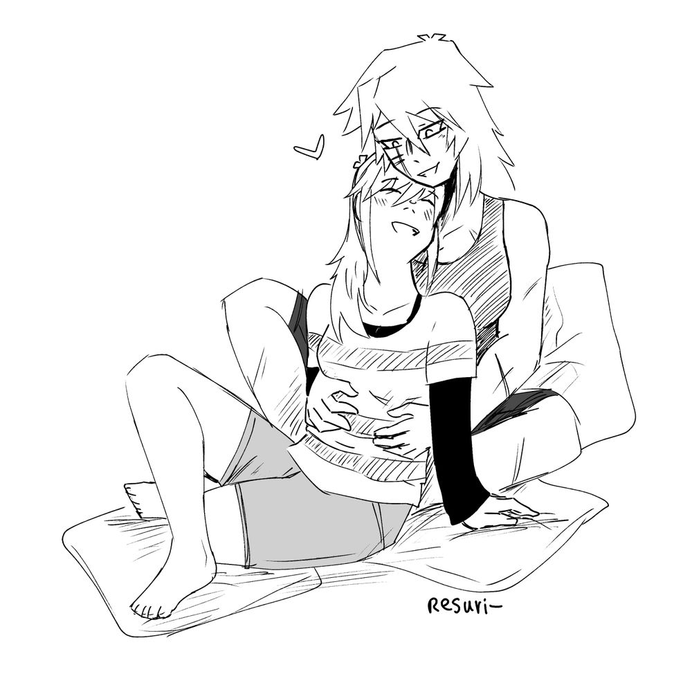 A black and white drawing of Ryou Bakura and Thief King Bakura as lesbians. They are both sitting and Ryou is leaning her back against TKB, who is holding her. They both look happy.