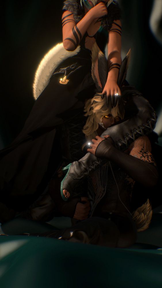 Two people on a dark green background. A short tan miqote woman with black markings, archon marks, and white hair with green feathers, wearing a draped green top with black fur, a black skirt, black and green boots, and a wedding ring. She is standing head out of frame, leg curled around the shoulder of a sitting man, possessively holding her in place. A black viera man with scars and freckles, black to blonde hair, and blackened gold eyes wearing a black mesh top with silver body chain, black pants, latex boots, and matching wedding ring.