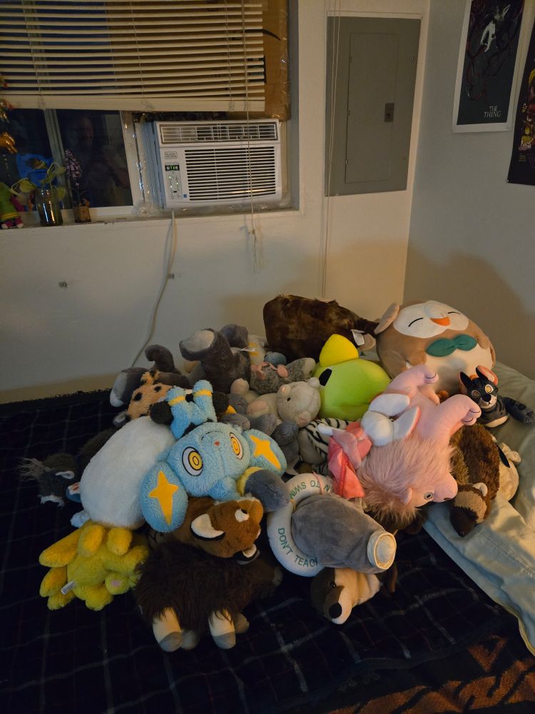 My queen size bed absolutely covered by a giant pile of plush animals and pokemon. Yes these ALL stay on my bed, they just haven't been arranged nicely yet because I was flopping on them instead.