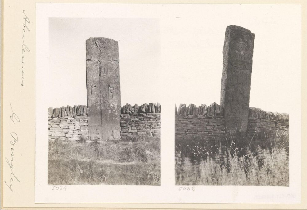 Two images showing different views of the same Pictish standing stone in Aberlemno churchyard, Angus, Scotland, by Godfrey Bingley, 1899