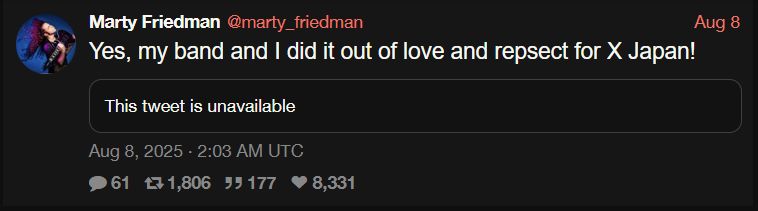 Screencap Twitter : Marty Friedman qui quote un tweet de Yoshiki depuis supprime/ Il dit "Oui, mon groupe et moi l'avont fait par amour et respect pour X Japan!"