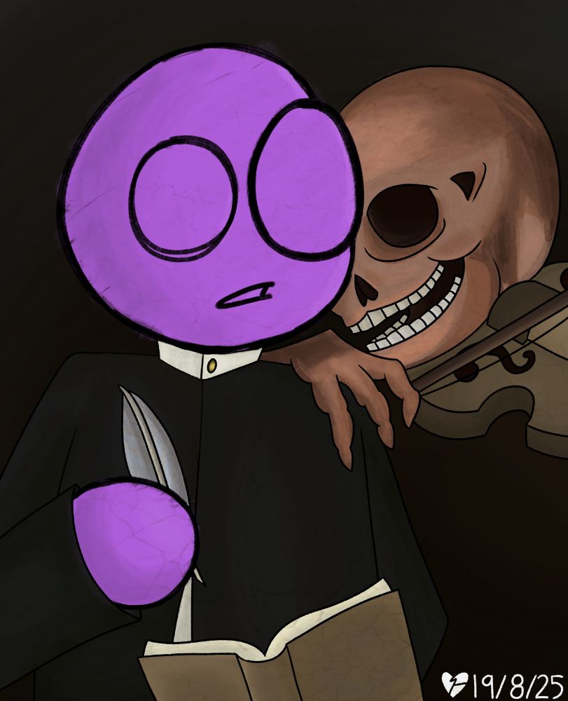 Raisin the wacky crayon drawn guy doing an Alan Wake homage with a skeleton playing the violin resting on his shoulder

Drawn 19/8/25