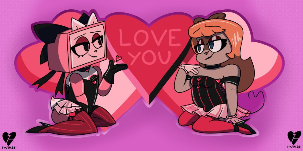 Robi and Lum cosplaying as the 2024 hazbin hotel vaggie/charlie pin up acrylic keychains

Drawn 14/7/25