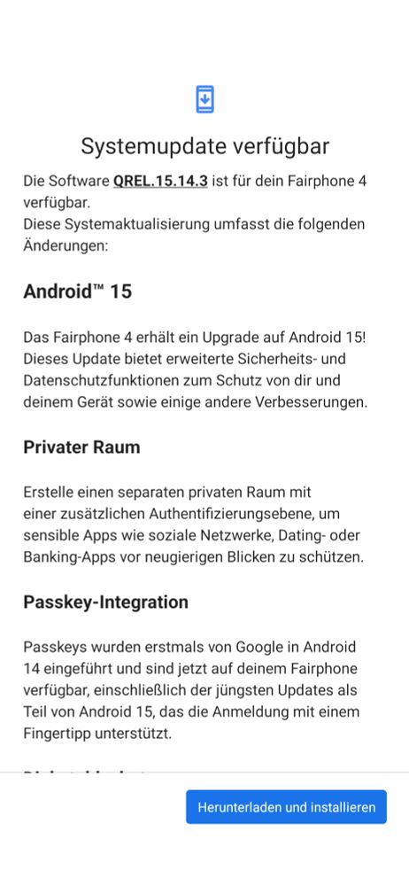Für das Fairphone 4 wird gerade das Upgrade auf Android 15 angeboten.