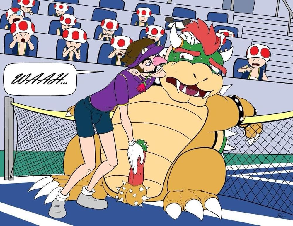 Waluigi, with a rose in his mouth, lovingly touches an uncomfortable bowser’s dick while on the tenses court.  Many toads in the stand watch on in horror at the scene playing out in front of them.  Waluigi says “waaah…”