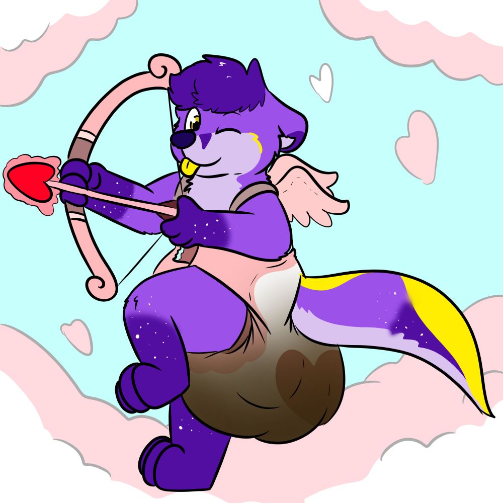 Myst the purple cosmic otter being the biggest stinker he can be while dressed as Cupid.  