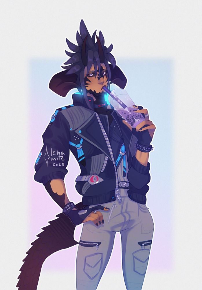 Digital illustration of a half-body of a male Xaela Au Ra drinking a taro bubble tea nonchalantly, his free hand resting against his side as he looks at the viewer.