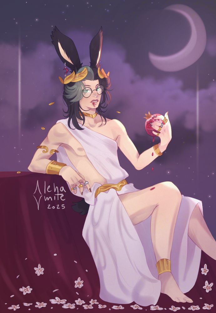 Illustration of a male FFXIV Viera lounging casually. He's wearing a white toga and golden accessories, while holding a half-cut pomegranate in his right hand. Some of its juice is dripping, and there is a bit smeared on his lip. Asphodel flowers are adorning the floor. The background is a purple clouded sky with a half moon.