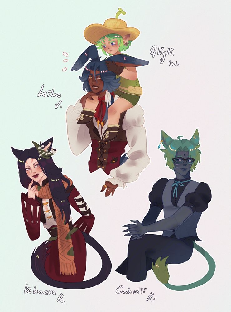 Digital illustrations of FFXIV characters: Kiko Voras and Gliglisine W. sitting on his shoulders, Khazra R. and Cahsa'li R.