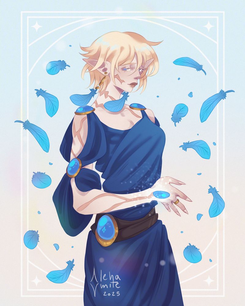 Digital illustration of Cecillia, a DnD female elf wearing dark blue robes adorned with big blue gems. She is surrounded by floating blue feathers and is wearing blue feather earrings as well. There is a blue, round gem on the back of her hand that is sparkling faintly.