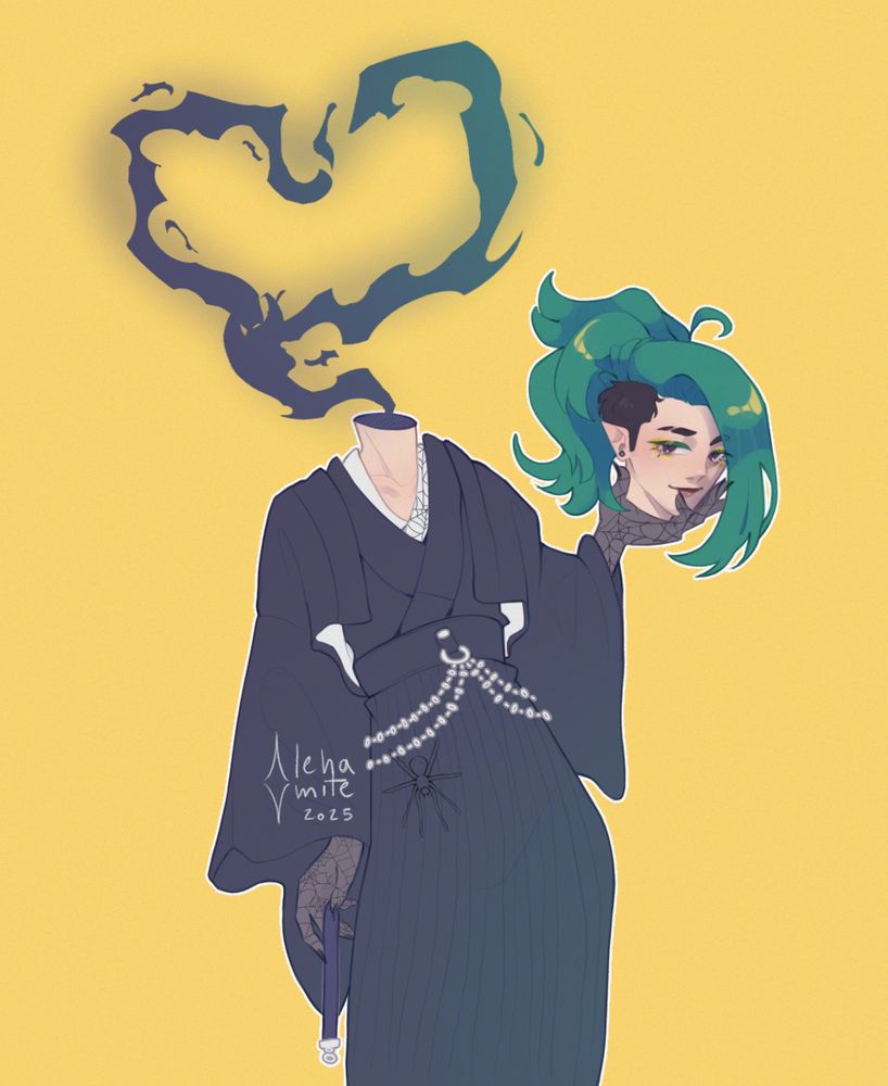 Digital illustration of original character Rene. They are holding their own head with their left hand, as black smoke is coming out of their neck into a heart shape. Their other hand is holding a choker. They are wearing a kimono-inspired black outfit with spider motifs. 