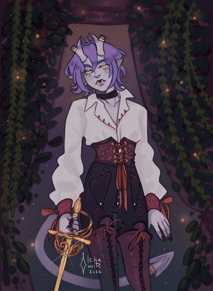 Digital illustration of a lavender-skinned and purple-haired Dungeons & Dragons tiefling. They are holding a golden rapier with their right hand. They are wearing a corset over a peasant shirt and long thighboots. The background consists of drapery adorned by foliage and seemingly fireflies.
