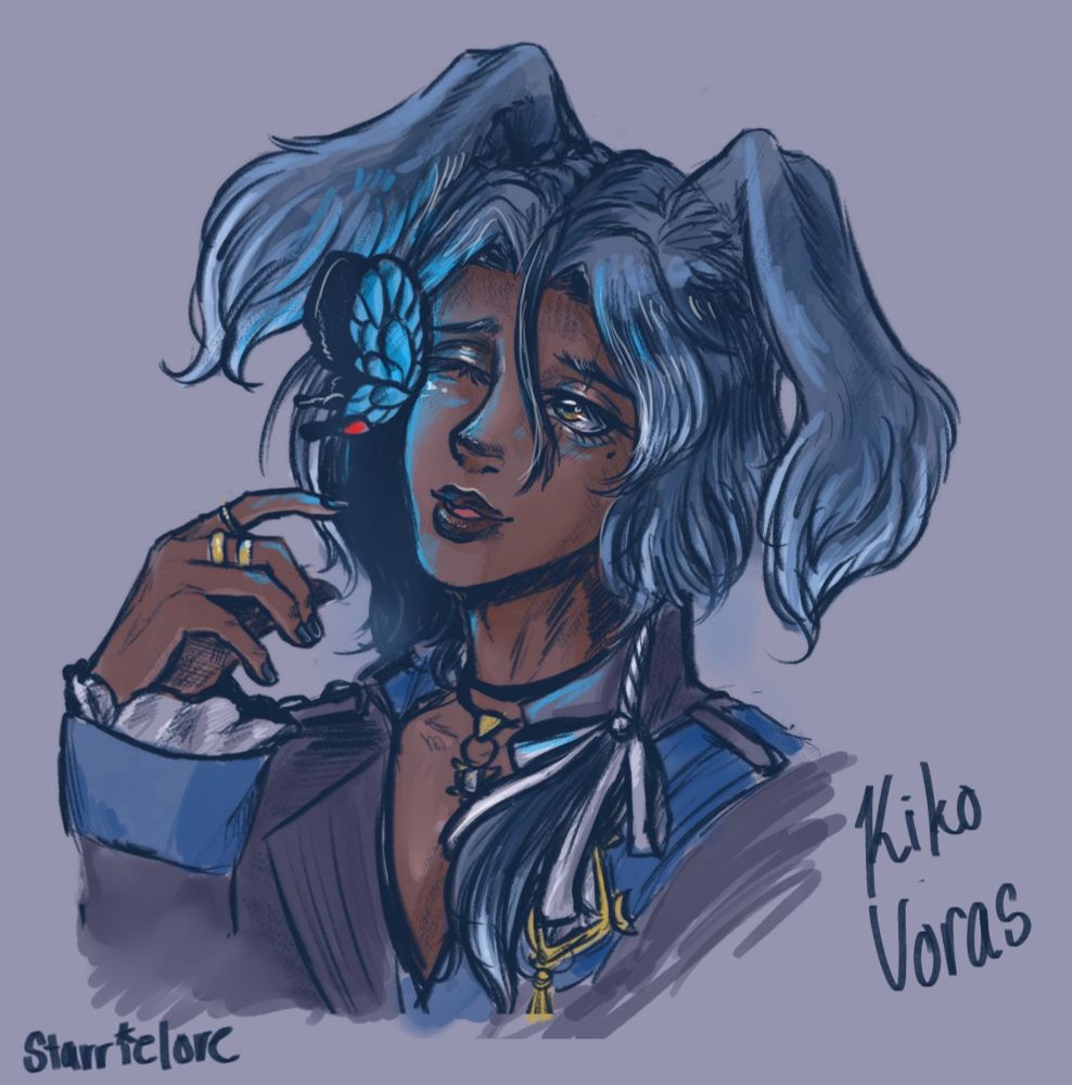 a digital portrait illustration of Kiko Voras, a FFXIV male Rava Viera, done by @starrielore.bsky.social 