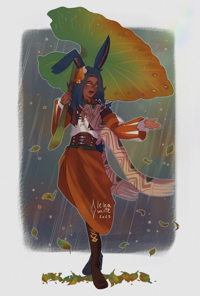 Digital illustration of a full-body of Kiko Voras, a male Rava Viera. He's dressed in orange attire with a long scarf, as he's holding out a hand and holding a large, wilting leaf with the other. The background is adorned with rain and flying leaves. 