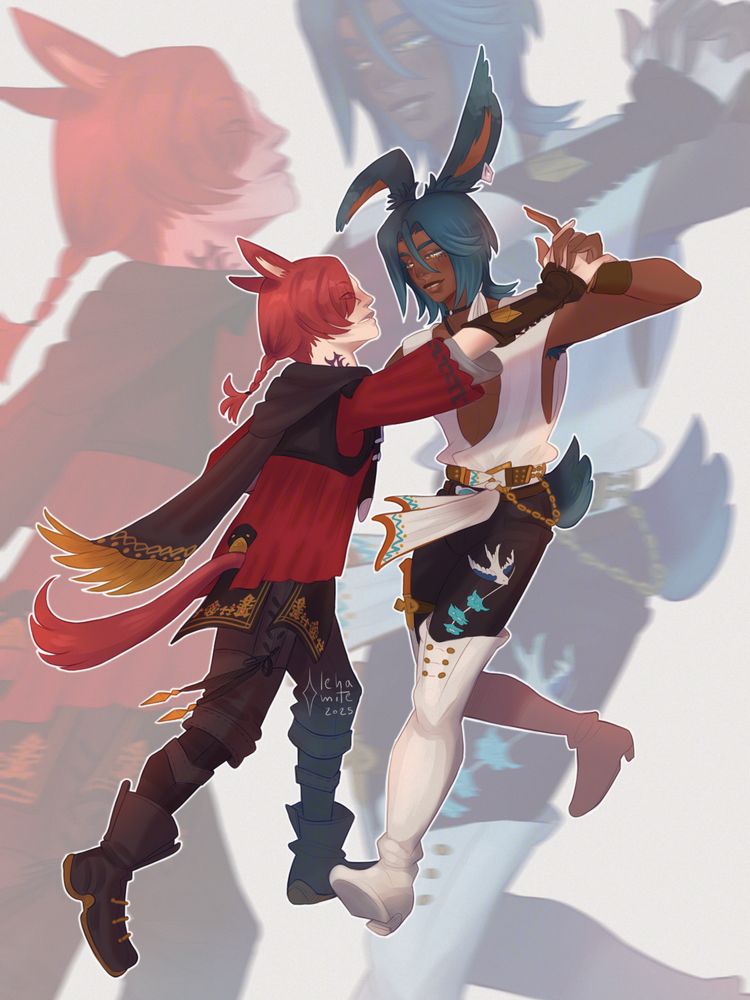 FFXIV digital illustration of Kiko Voras, a male Rava Viera WoL, and G'raha Tia. Kiko is smiling widely as he's interlocking his fingers with G'raha's left hand, pulling him along playfully. G'raha looks flustered/surprised as he goes along with it.
