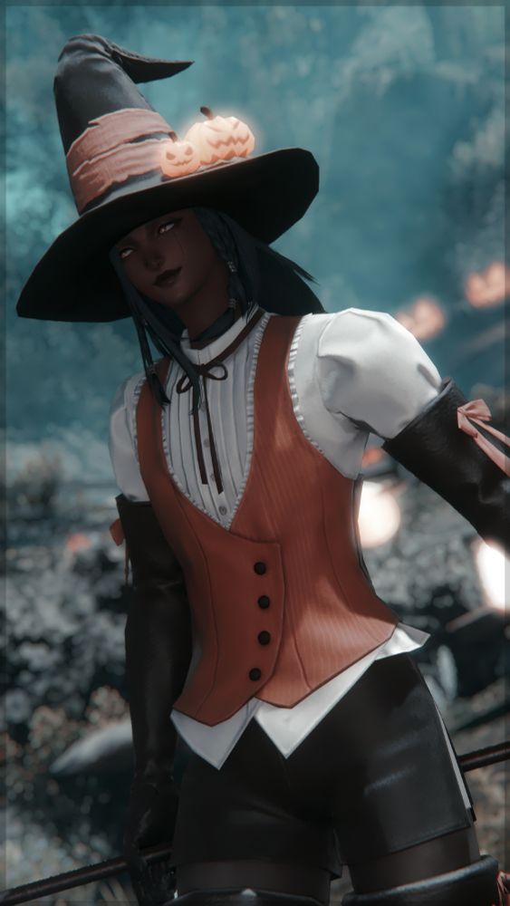 ffxiv gpose of kiko voras wearing a witchy Halloween costume