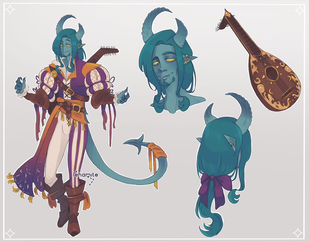 Digital reference sheet of a teal-skinned tiefling bard, Astro. There is a full body, a front-facing headshot, a back-facing headshot and his lute.