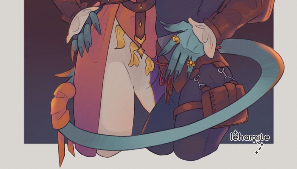 close up of lower half tiefling astro and drow berry, astro's tail is wrapped around the both of them.