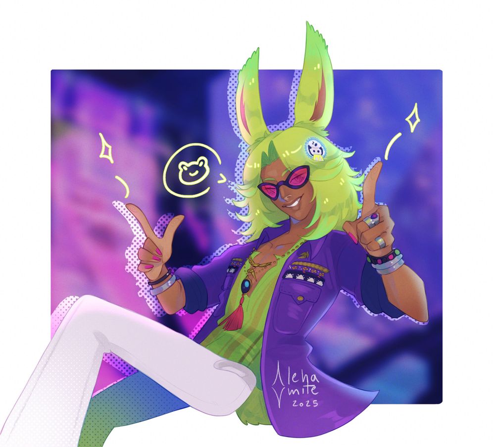 Digital illustration of Dancing Green from FFXIV. He's smiling widely while pointing both ways, in a dynamic, floaty pose. There are sparkles in the direction he's pointing, and next to his head, there is a speech bubble with a cartoon frog head.