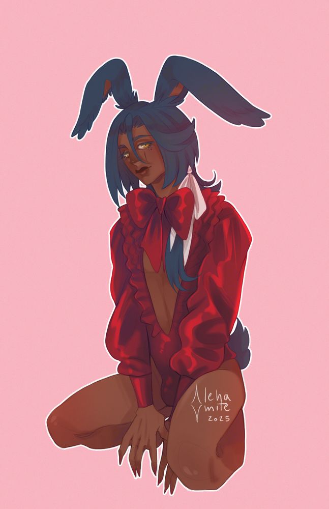 Digital illustration of Kiko Voras, a male Rava Viera with dark teal hair and droopy ears, kneeling with his arms forward as he smiles. He's wearing a shiny red body suit with poofy sleeves and a big neck ribbon. 
