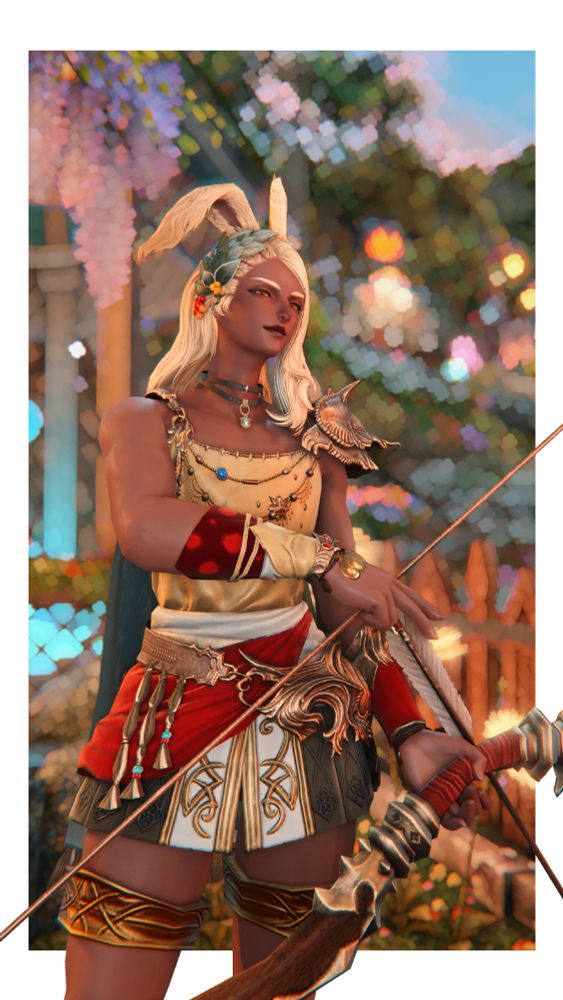 ffxiv gpose of kiko voras dressed up in a cosplay of apollo from hades 2. he's holding a bow.