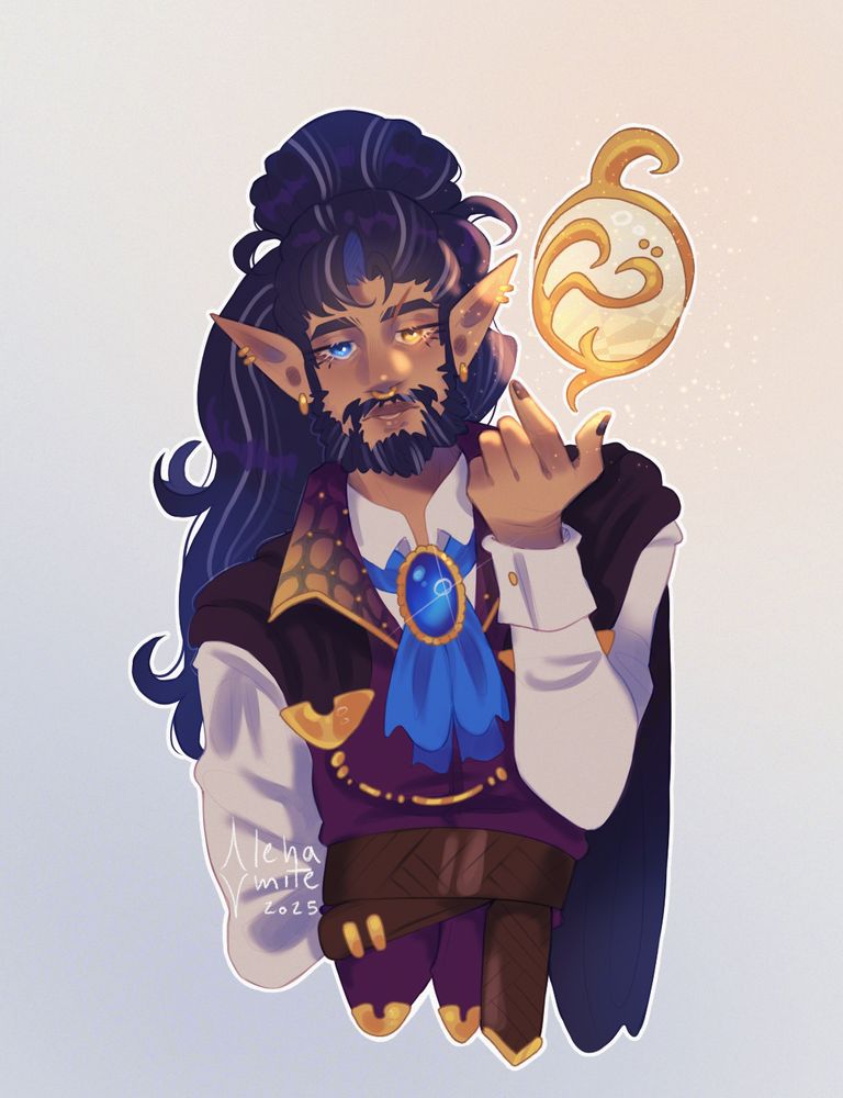 Digital illustration of a half-body of a DnD elf, Zenrose. He's looking at the viewer while holding up his left hand, as a golden, decorated light-yellow magical orb floats above his hand.