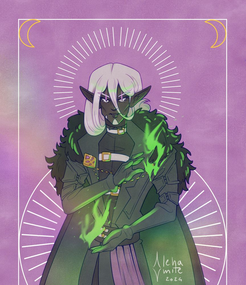 An illustration of a DnD drow wielding green fire with both hands.