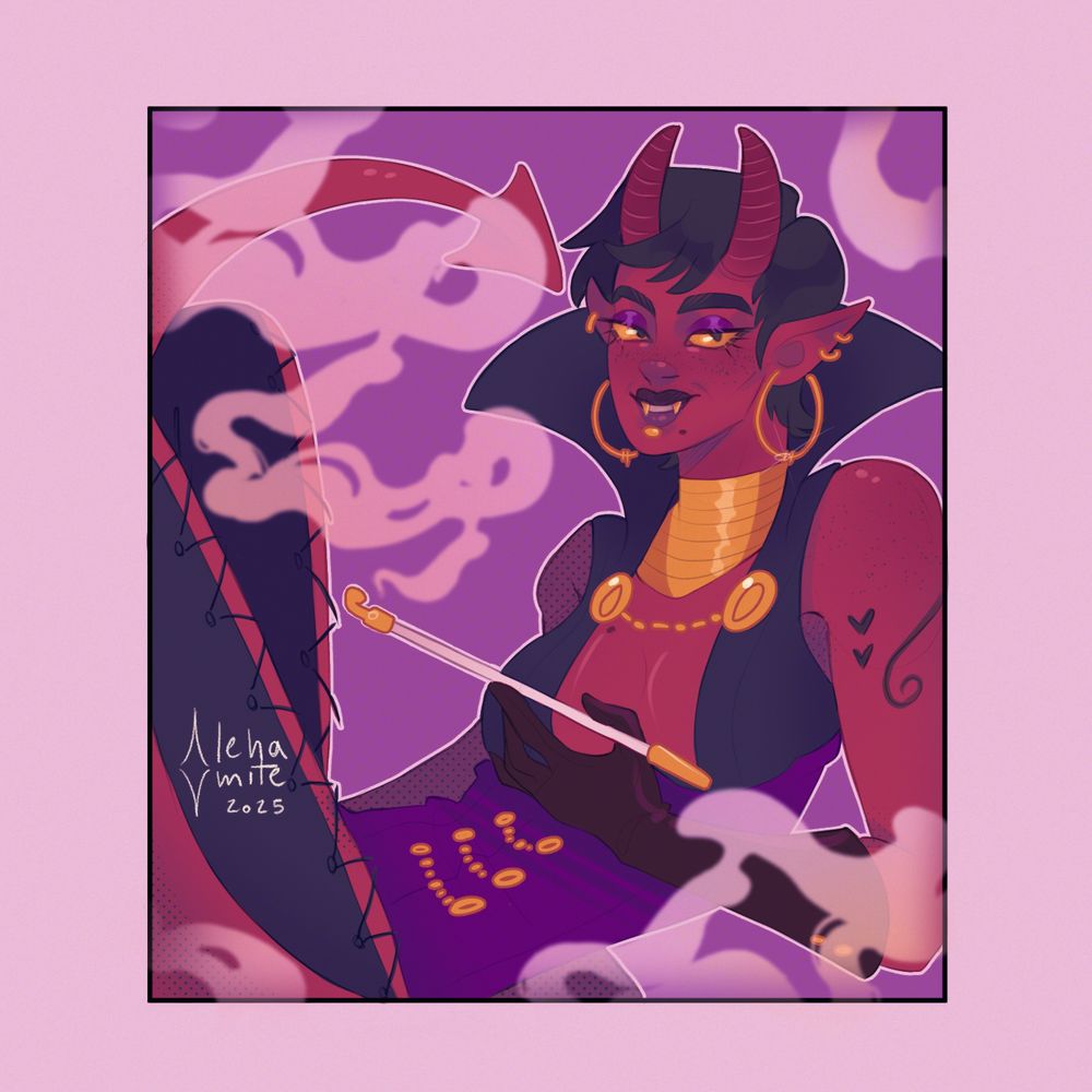 Digital illustration of a red-skinned Dungeons & Dragons tiefling smoking casually while grinning at the screen.