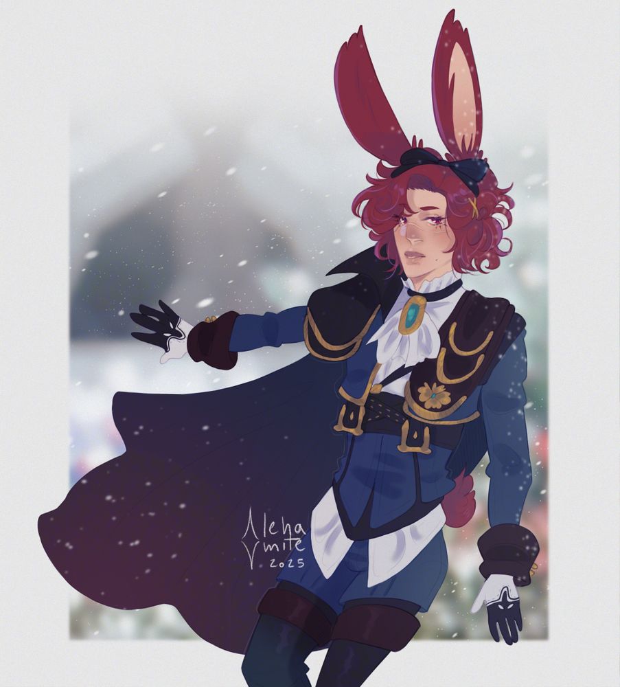 Digital half-body illustration of Lacey, a FFXIV male Veena Viera. He's wearing the Atrophy set, but in a dark blue version, as his cape is billowing in the snowy wind.